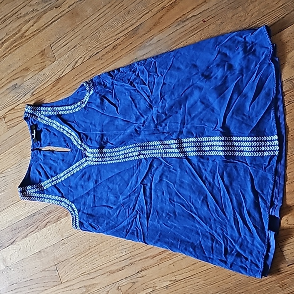 Lulu's Sunshine Ahead Blue White Embroidered Flowy Shift Dress Size M